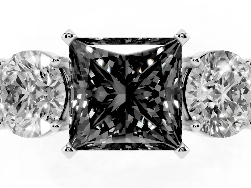 Princess Cut Three Stone Engagement Ring Setting for a Black Center | Round Side Stones | Sterling Silver