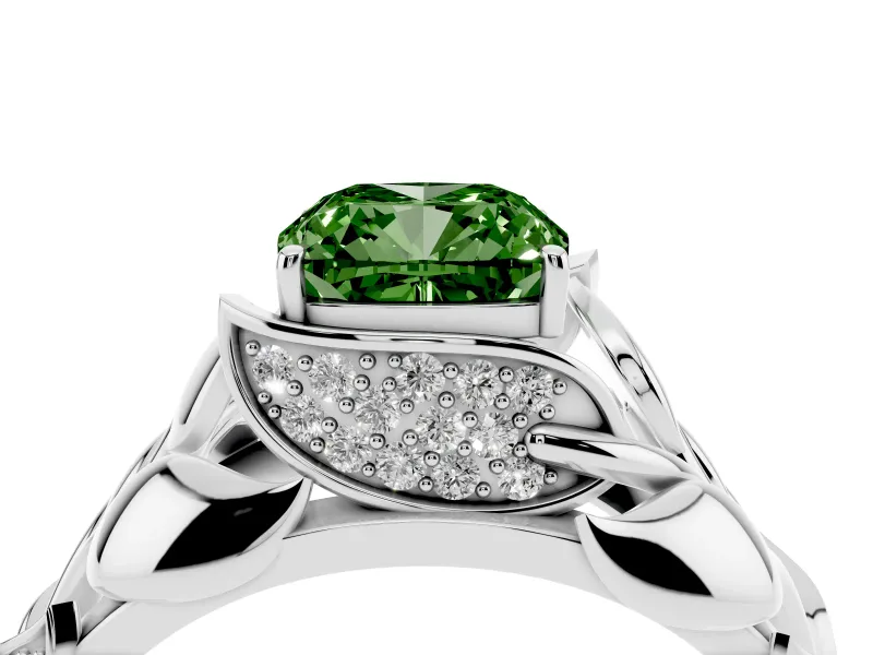 Cushion Cut Leaf Bypass Engagement Ring Setting for a Fancy Green Lab-Grown Diamond | Sculpted Leaves | Sterling Silver
