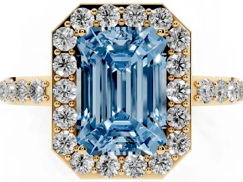 Fancy Blue Emerald Cut Diamond Halo Ring Set in Yellow gold with Pavé-Setting Band and Open Prong Center