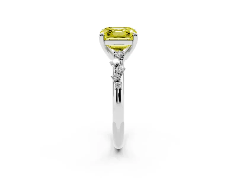 Fancy Yellow Asscher Cut Diamond Solitaire Vine Band Ring Set in Silver with Round Accents and Prong Setting