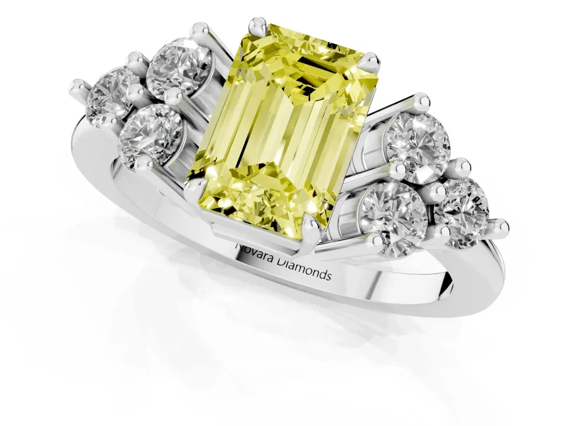Fancy Yellow Emerald Cut Diamond Solitaire Ring Set in Silver with Cluster Accents on Each Side