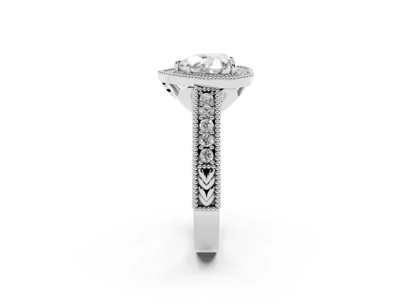 Heart-Shaped Vintage Milgrain Halo Engagement Ring Setting | Carved Leaf Detail | Platinum