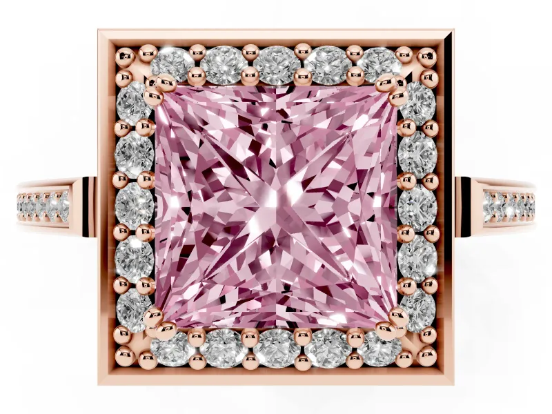 Princess Cut Halo Engagement Ring Setting for a Fancy Pink Lab-Grown Diamond | Polished Halo Rim | Rose Gold