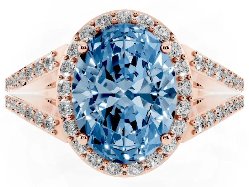 Oval Halo Engagement Ring Setting for a Fancy Blue Lab-Grown Diamond | V-Split Pavé Band | Rose Gold