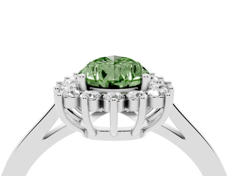 Fancy Green Pear Cut Diamond Halo Ring Set in Silver with Round Halo and Smooth Solitaire Band