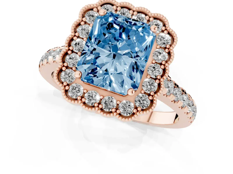 Fancy Blue Radiant Cut Diamond Milgrain Floral Halo Engagement Ring Set in Rose gold with Pavé Band