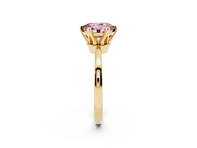 Fancy Pink Oval Cut Diamond Solitaire Engagement Ring Set in Yellow gold with Slim Tapered Solitaire Band