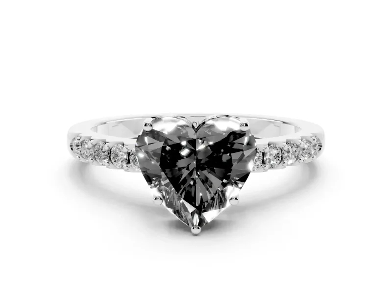 Fancy Black Heart Cut Diamond Solitaire Engagement Ring Set in White gold with Pavé Band and Prong Setting