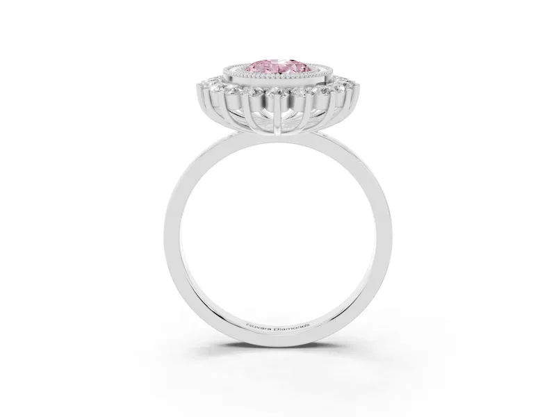 Fancy Pink Oval Cut Diamond Halo Ring Set in Platinum with Milgrain Edge and Round Prong Setting