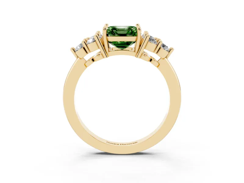 Fancy Green Asscher Cut Diamond Solitaire Ring Set in Yellow gold with Cluster Accents on Each Side