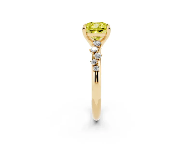 Cushion Cut Graduated Engagement Ring Setting for a Fancy Yellow Lab-Grown Diamond | Yellow Gold