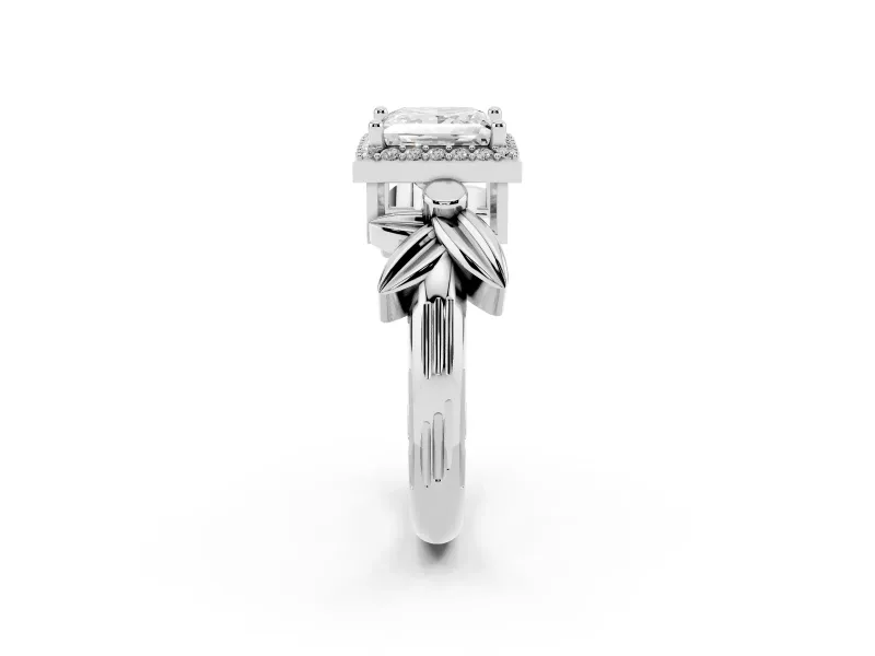 Princess Cut Floral Halo Engagement Ring Setting | Leaf Shoulders | Sterling Silver
