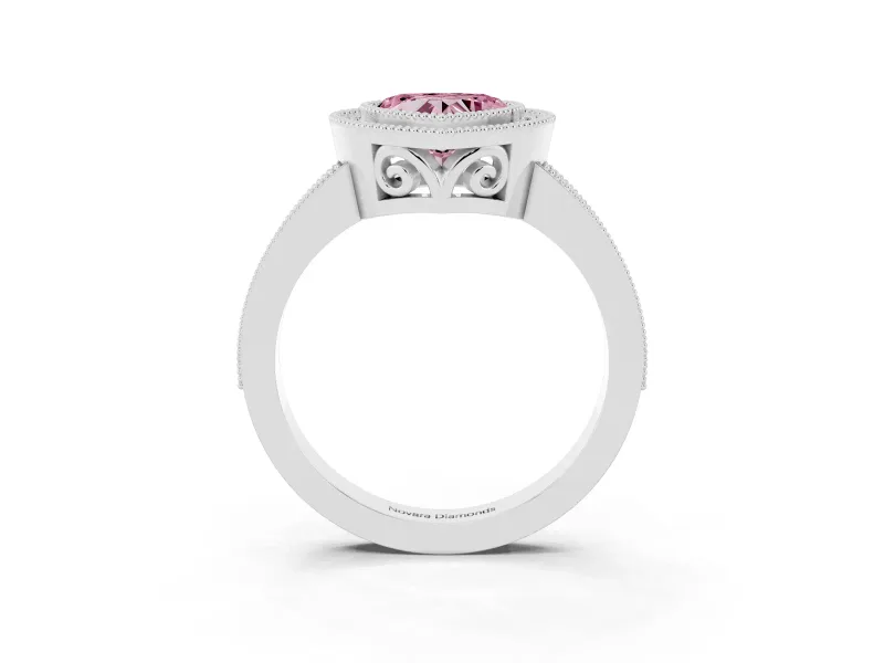 Fancy Pink Heart Cut Diamond Halo Ring Set in Platinum with Pavé Band and Milgrain-Edged Prongs