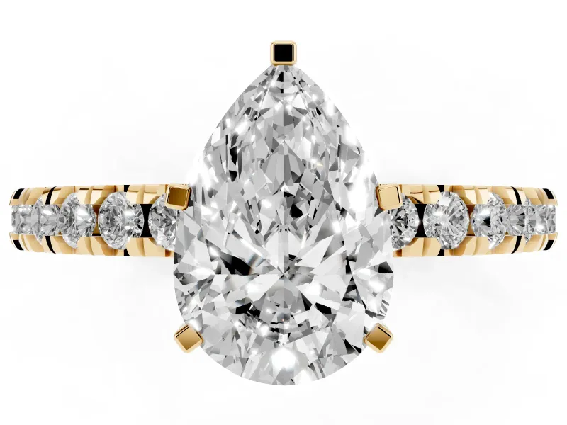 Pear-Shaped Shared Prong Solitaire Engagement Ring Setting | Pavé Band | Yellow Gold