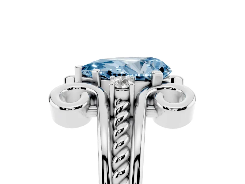 Fancy Blue Pear Cut Diamond Twisted Band Solitaire Ring Set in White gold with Scroll Prongs