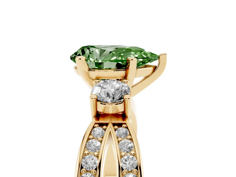 Fancy Green Three-Stone Pear Cut Diamond Twist Band Ring Set in Yellow gold with Pavé Accents and Prong Setting