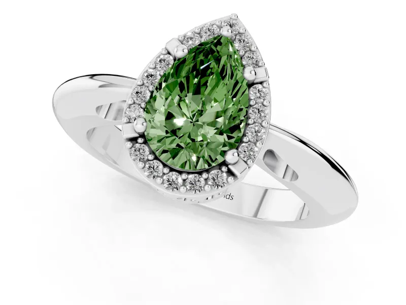 Fancy Green Pear Cut Diamond Halo Engagement Ring Set in Platinum with Plain Split Shank and Prong Setting