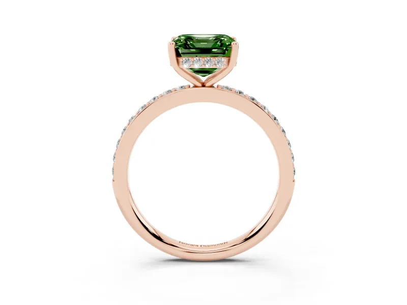 Fancy Green Asscher Cut Diamond Pavé Band Ring Set in Rose gold with Prong-Set Center Stone