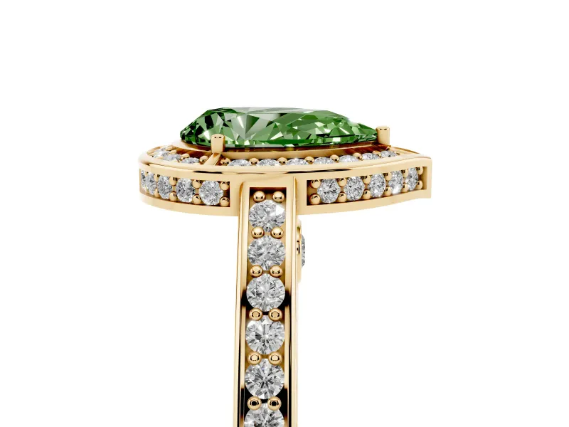 Fancy Green Pear Cut Diamond Halo Pavé Split Shank Ring Set in Yellow gold with Prong Setting