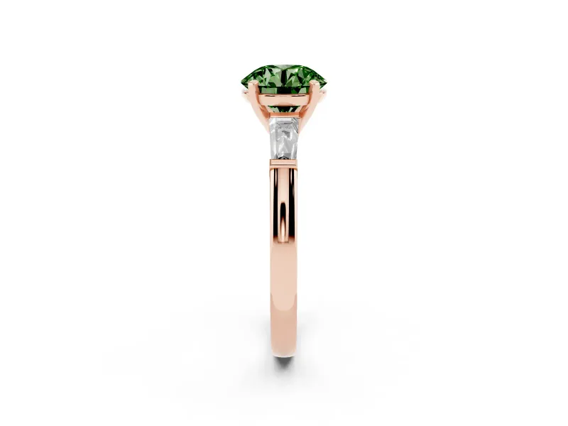 Round Three Stone Engagement Ring Setting for a Fancy Green Lab-Grown Diamond | Tapered Baguettes | Rose Gold