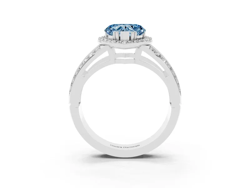 Fancy Blue Heart Cut Diamond Halo Ring Set in Silver with Double Pavé Split Shank