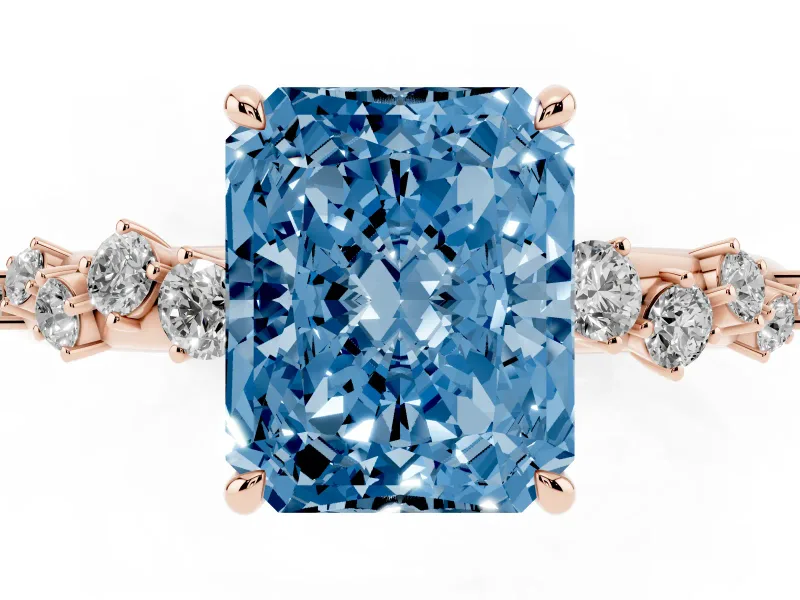 Fancy Blue Radiant Cut Diamond Cluster Solitaire Ring Set in Rose gold with Prong Setting