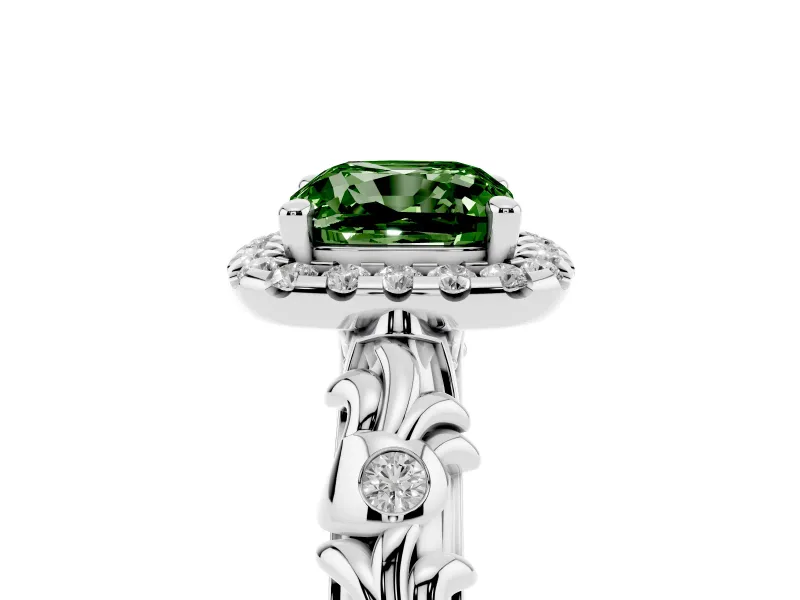 Cushion Cut Leaf Halo Engagement Ring Setting for a Fancy Green Lab-Grown Diamond | Bezel Accents | Platinum