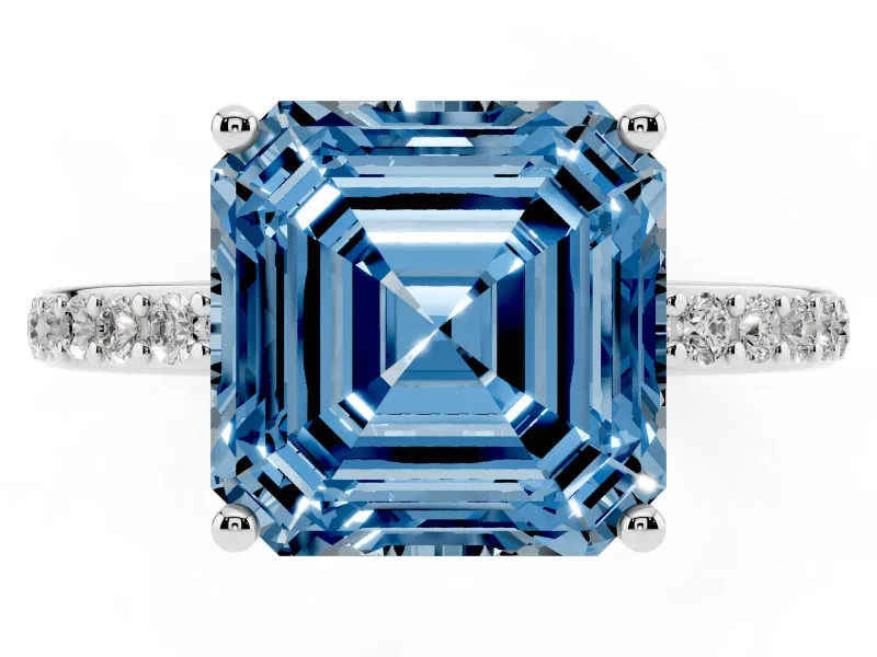 Fancy Blue Asscher Cut Diamond Pavé Band Ring Set in White gold with Prong-Set Center Stone