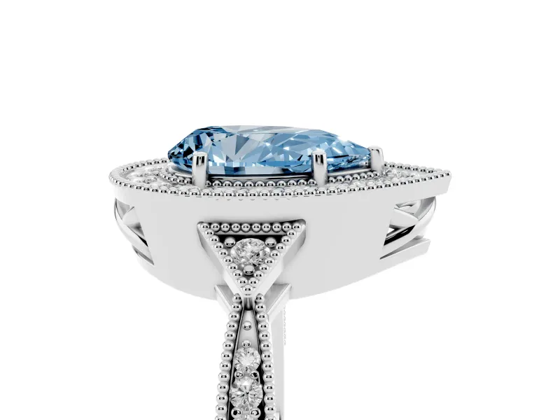 Fancy Blue Pear Cut Diamond Halo Engagement Ring Set in Platinum with Milgrain Pavé Band