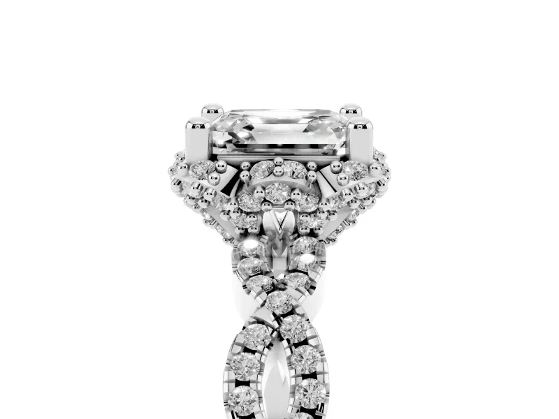 Asscher Cut Diamond Halo Twist Band Solitaire Ring Set in White gold with Prong-Set Center Stone