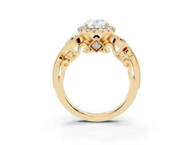 Oval Vintage Milgrain Halo Engagement Ring Setting | Bezel Shoulder Accents | Yellow Gold