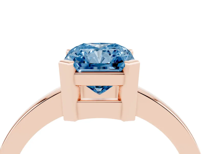 Fancy Blue Radiant Cut Diamond Solitaire Ring Set in Rose gold with Prong Head and Smooth Polished Band