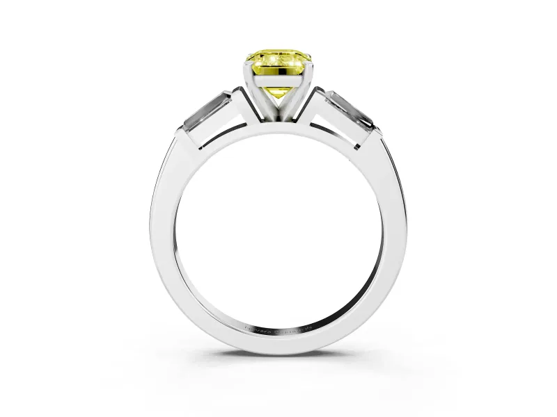 Fancy Yellow Emerald Cut Diamond Solitaire Ring Set in Platinum with Tapered Baguette Side Stones and Prong Setting