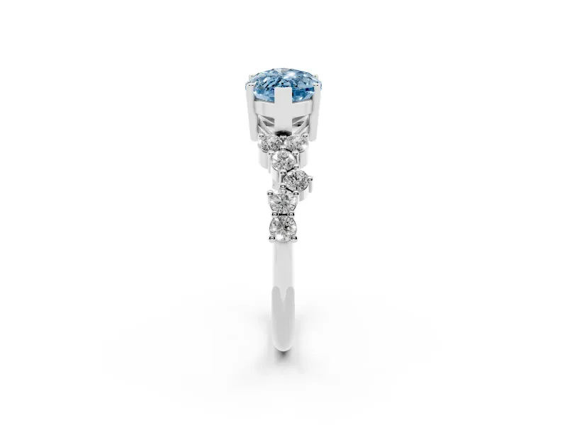 Fancy Blue Marquise Cut Diamond Ring Set in Silver with Scattered Round Accents