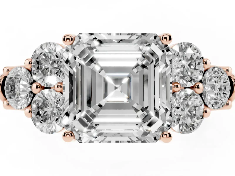 Asscher Cut Diamond Cluster Ring Set in Rose gold with Round Accent Stones and Prong Setting on a Plain Band