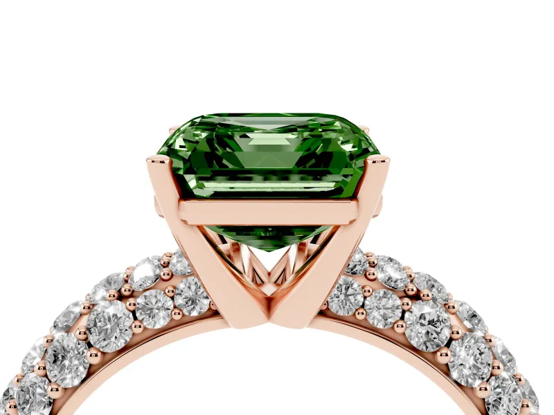 Asscher Cut Multi Row Pave Engagement Ring Setting for a Fancy Green Lab-Grown Diamond | Rose Gold