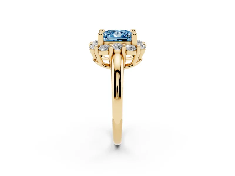 Princess Cut Cluster Halo Engagement Ring Setting for a Fancy Blue Lab-Grown Diamond | Large Round Accents | Yellow Gold