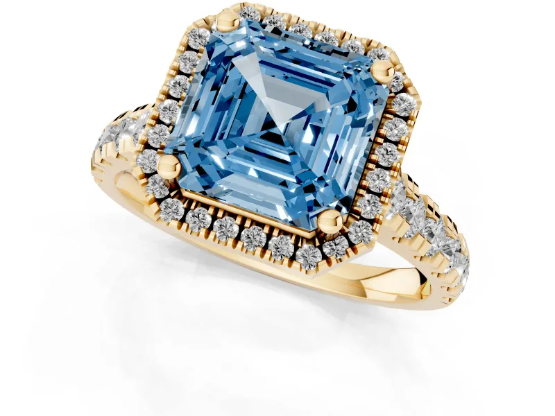 Asscher Cut Accented Halo Engagement Ring Setting for a Fancy Blue Lab-Grown Diamond | Yellow Gold