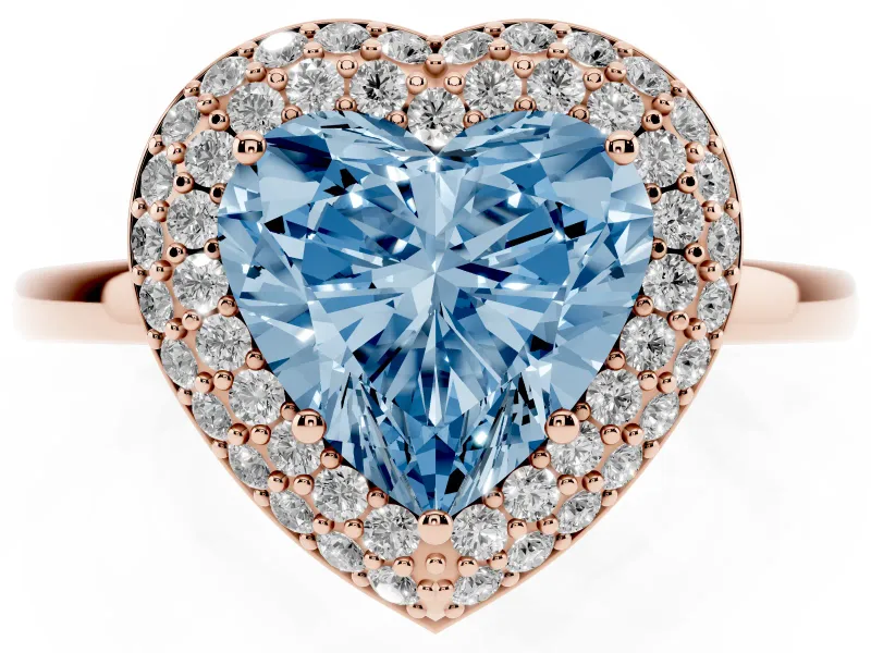 Heart-Shaped Pave Halo Engagement Ring Setting for a Fancy Blue Lab-Grown Diamond | Slim Plain Band | Rose Gold