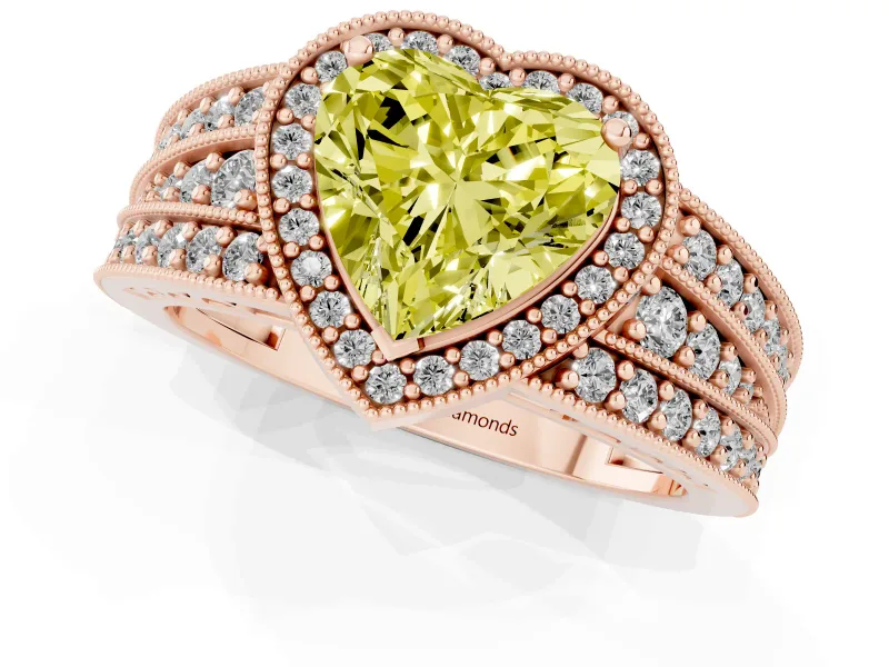 Fancy Yellow Heart Cut Diamond Halo Ring Set in Rose gold with Accent Split Shank and Prong Setting