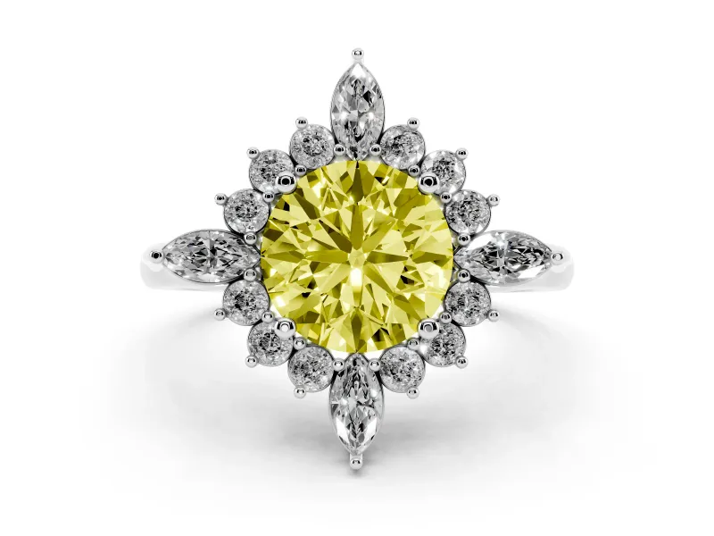 Fancy Yellow Round Cut Diamond Cluster Halo Ring Set in Platinum with Marquise and Round Accents