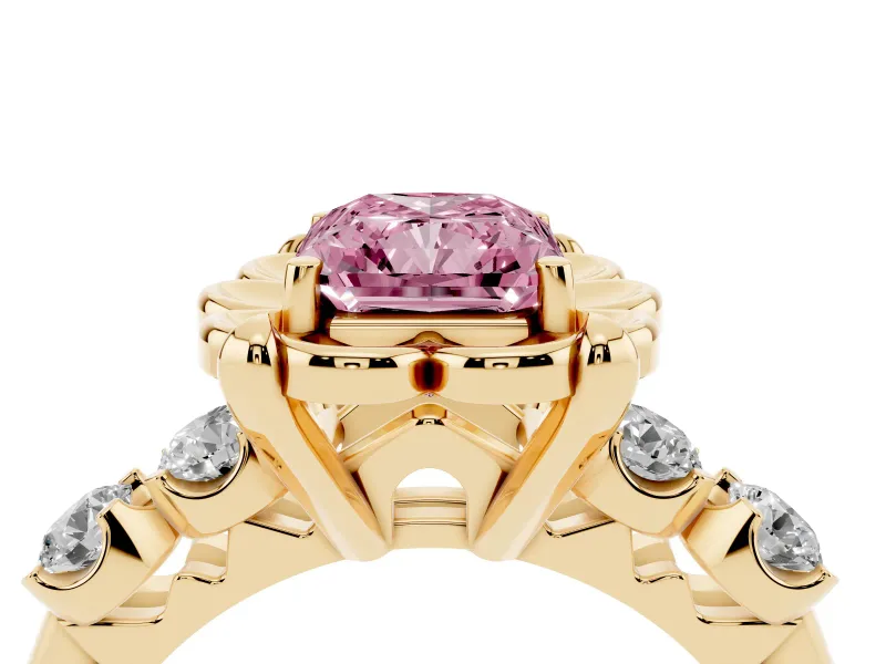 Fancy Pink Radiant Cut Diamond Floral Halo Ring Set in Yellow gold with Shared Prong Band