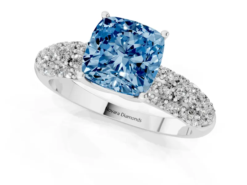 Cushion Cut Close Set Pave Engagement Ring Setting for a Fancy Blue Lab-Grown Diamond | Multi Row | Sterling Silver