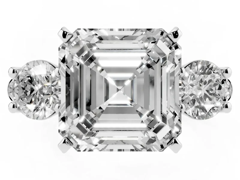 Three-Stone Asscher Cut Diamond Pavé Band Ring Set in Platinum with Prong-Set Trio