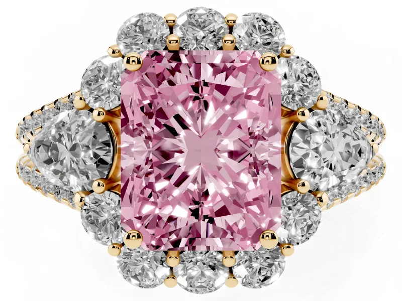 Fancy Pink Radiant Cut Diamond Halo Split Shank Engagement Ring Set in Yellow gold with Prong-Held Center Stone
