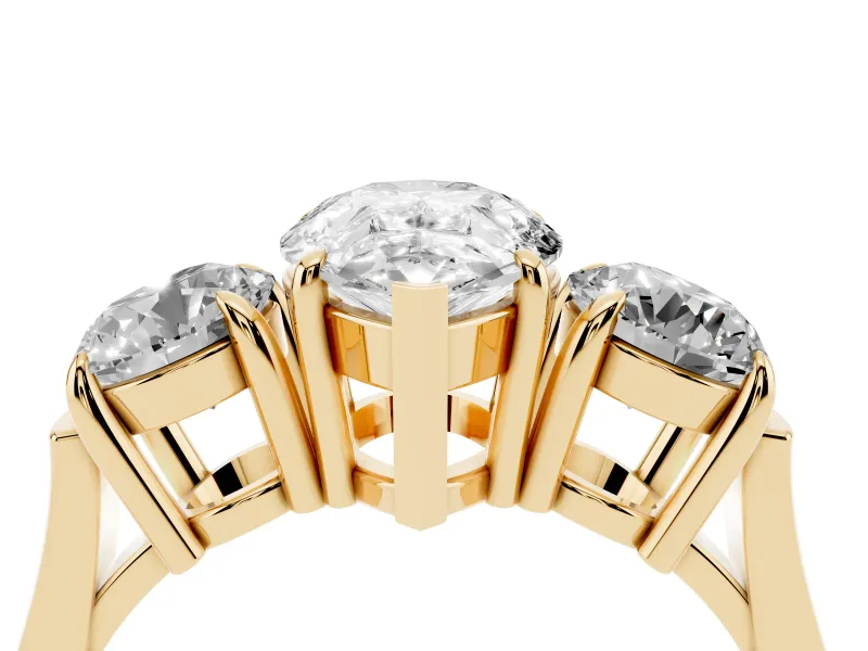 Pear Cut Diamond Three-Stone Ring Set in Yellow gold with Round Accent Stones and Plain Band