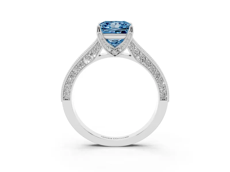 Princess Cut Hidden Halo Engagement Ring Setting for a Fancy Blue Lab-Grown Diamond | Milgrain Pave | Platinum