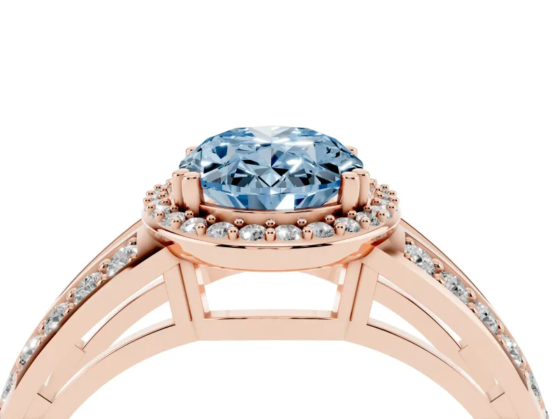 Fancy Blue Oval Cut Diamond Halo Ring Set in Rose gold with Double Pavé Split Shank