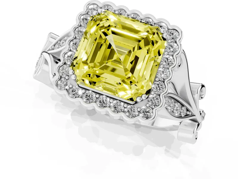 Asscher Cut Leaf Halo Engagement Ring Setting for a Fancy Yellow Lab-Grown Diamond | Platinum