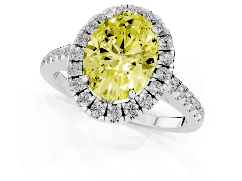Oval Raised Halo Engagement Ring Setting for a Fancy Yellow Lab-Grown Diamond | Pave Band | Platinum